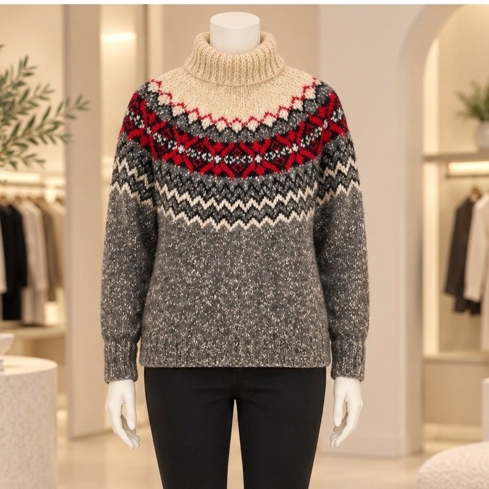 Tommy Hilfiger Womens Sweater Fair Isle Wool Turtleneck Gray Red S